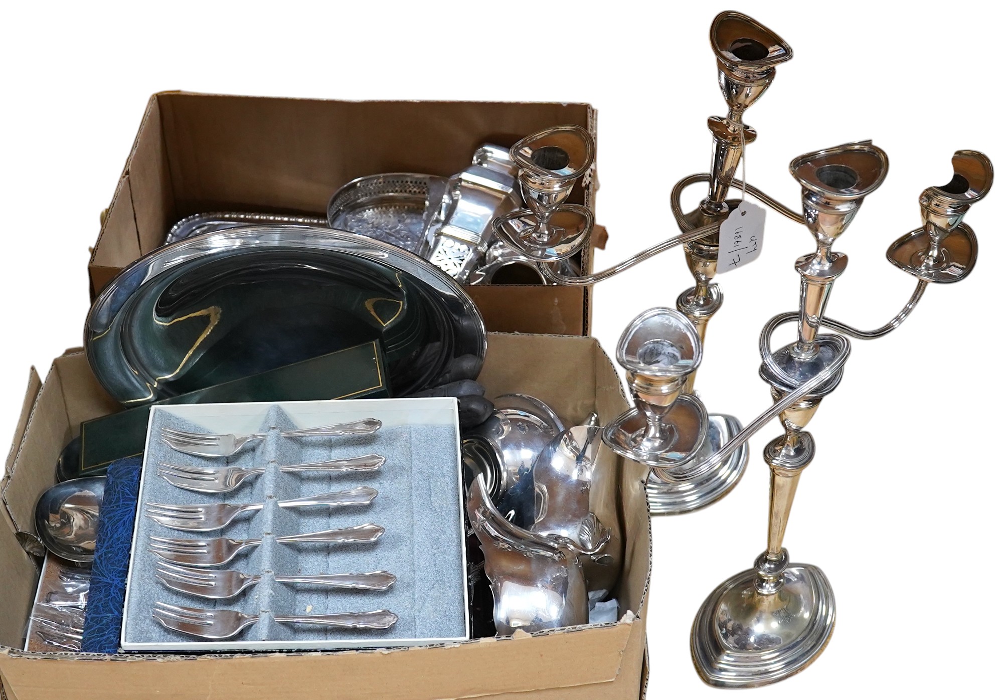 A quantity of assorted plated ware including a pair of three light candelabra - 39cm high. Condition - all fair to good